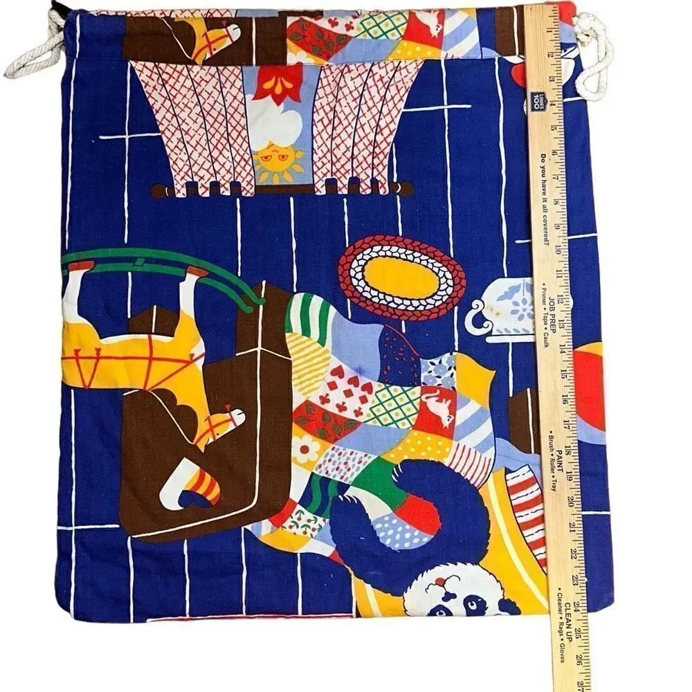 Vintage handmade drawstring bag for gym, laundry, purse, tote 70’s fabric panda
